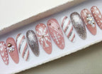 Christmas Glitter Snowflake Pink Press on Nails - Handmade Fingernails T11