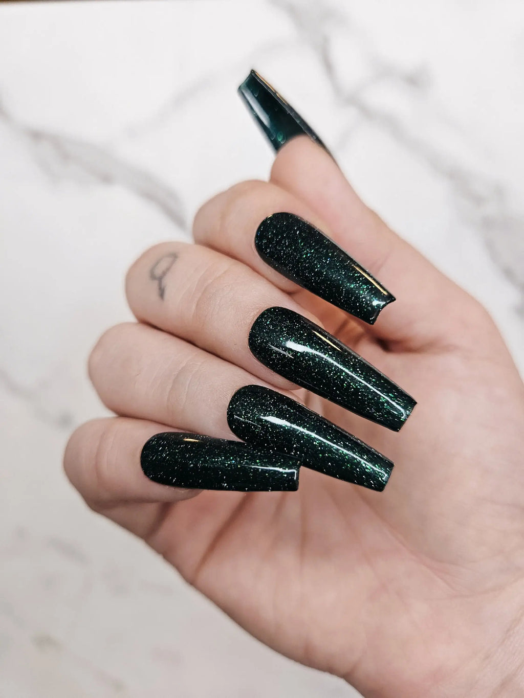 Dark Green Glitter Glossy Handmade Press on Nails - Luxury Reusable Fingernails P37