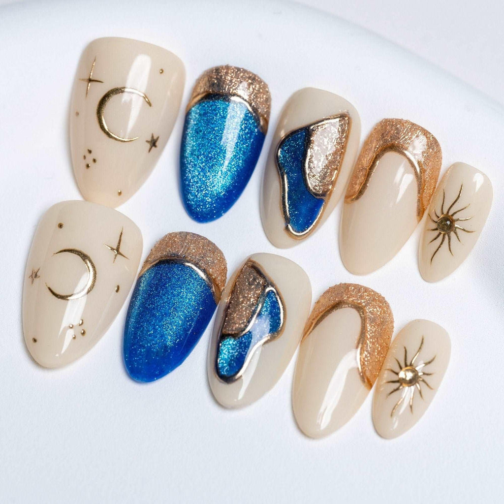 Handmade Blue Gold 3D Cat Eye Press on Nails P25