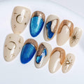 Handmade Blue Gold 3D Cat Eye Press on Nails P25