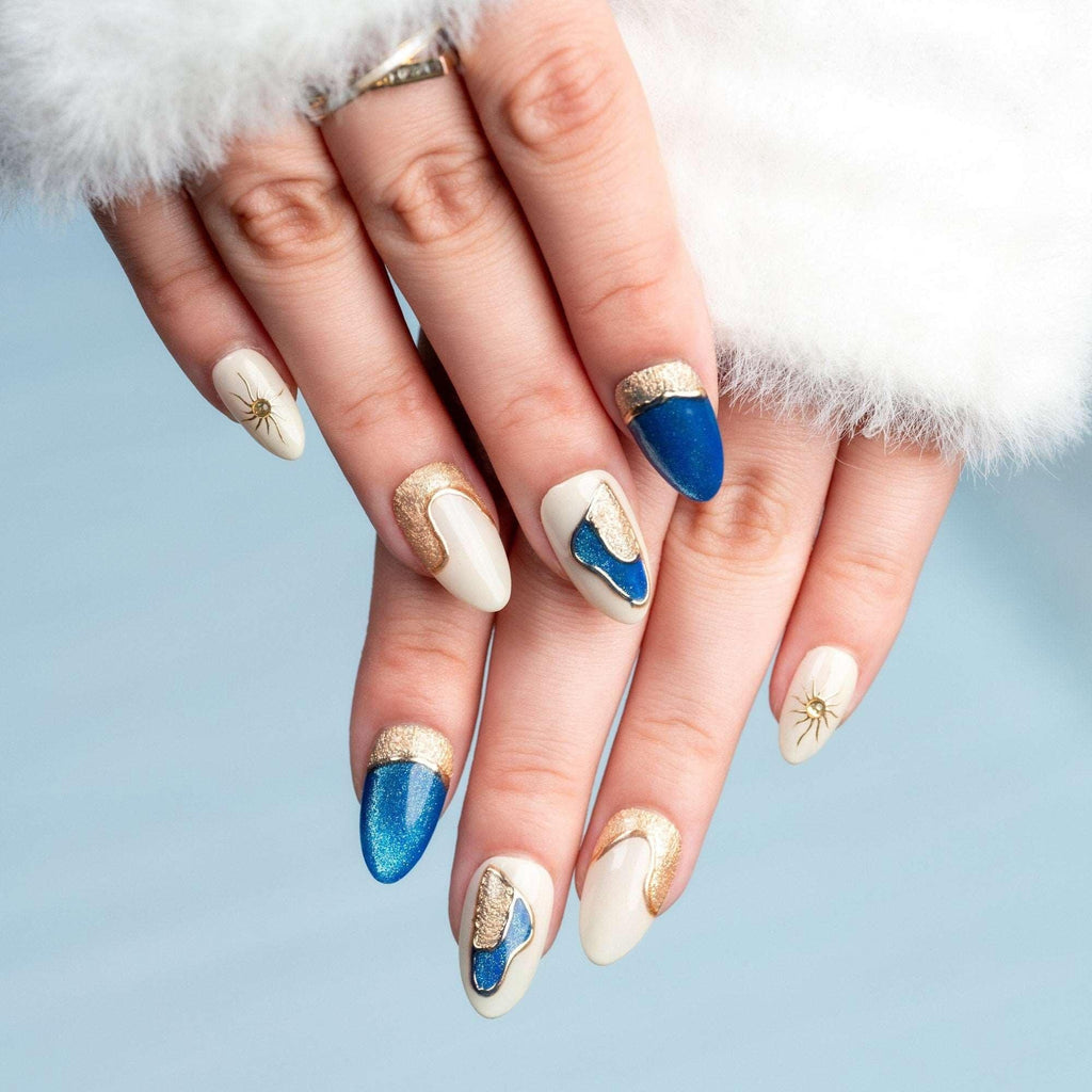 Handmade Blue Gold 3D Cat Eye Press on Nails P25