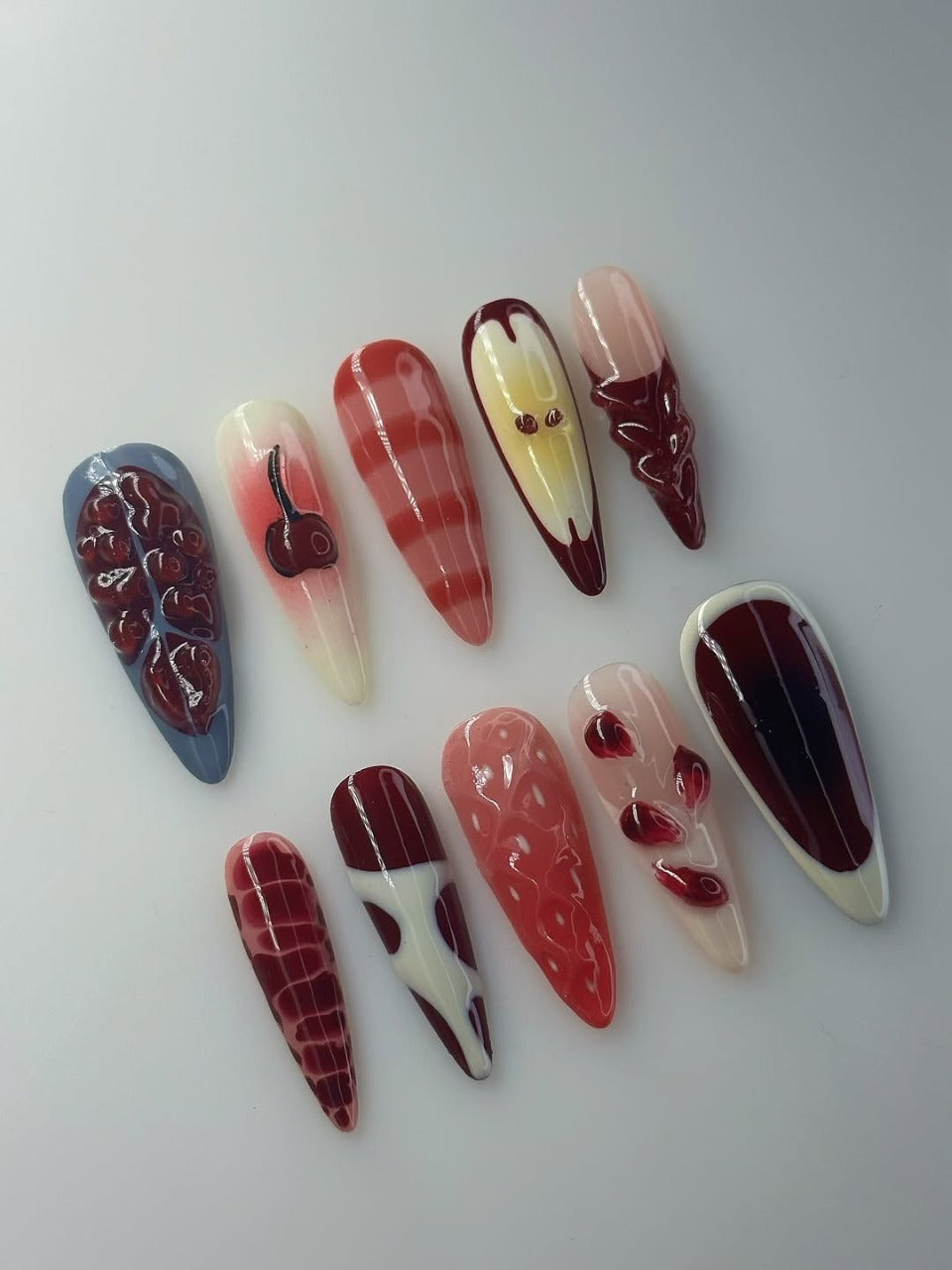 Abstract Red Cherry Press-On Nails with 3D Artistic Details