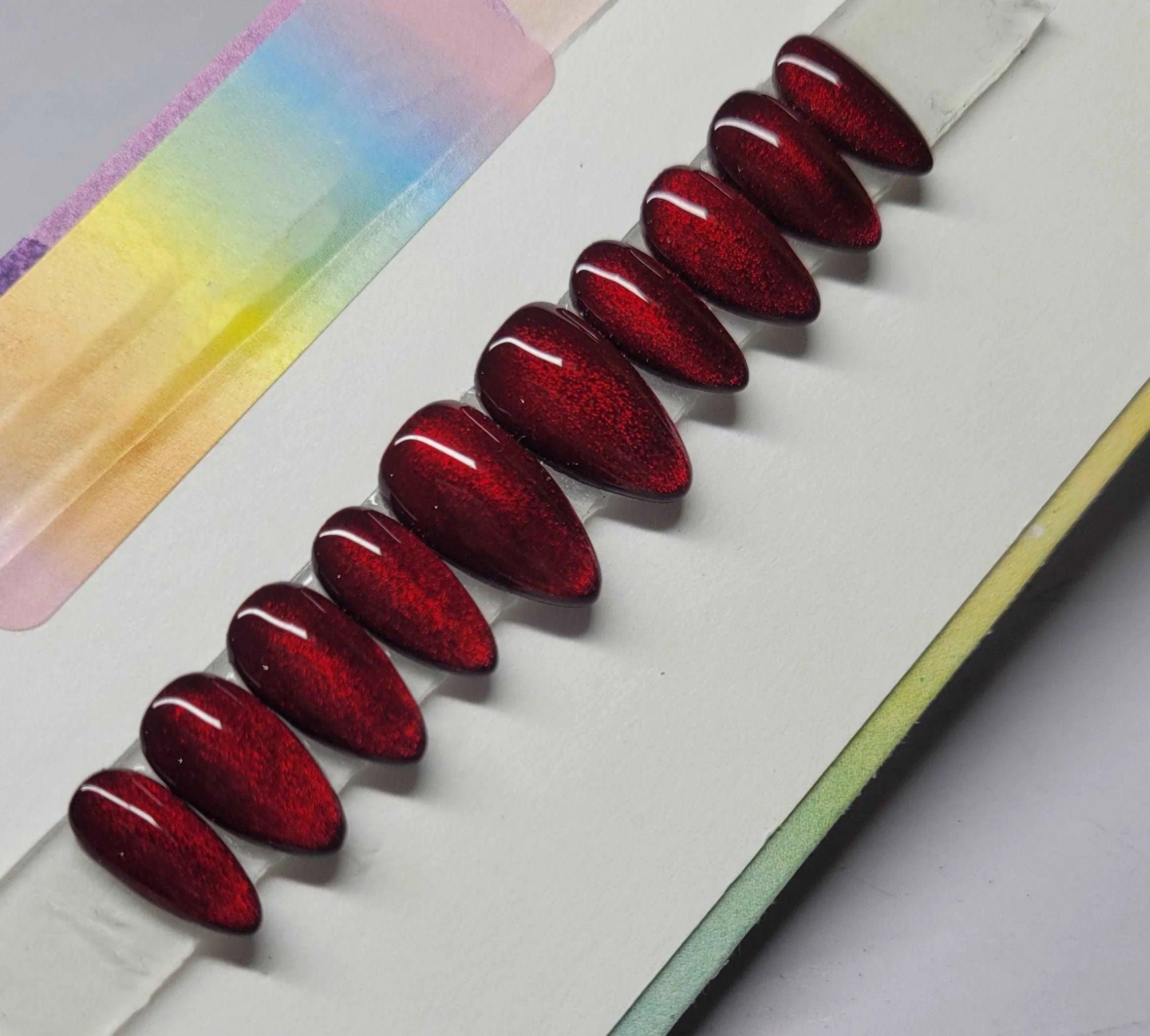 Garnet Magic Cat Eye Red Nails - Custom Handmade Gel Fake Nails S16