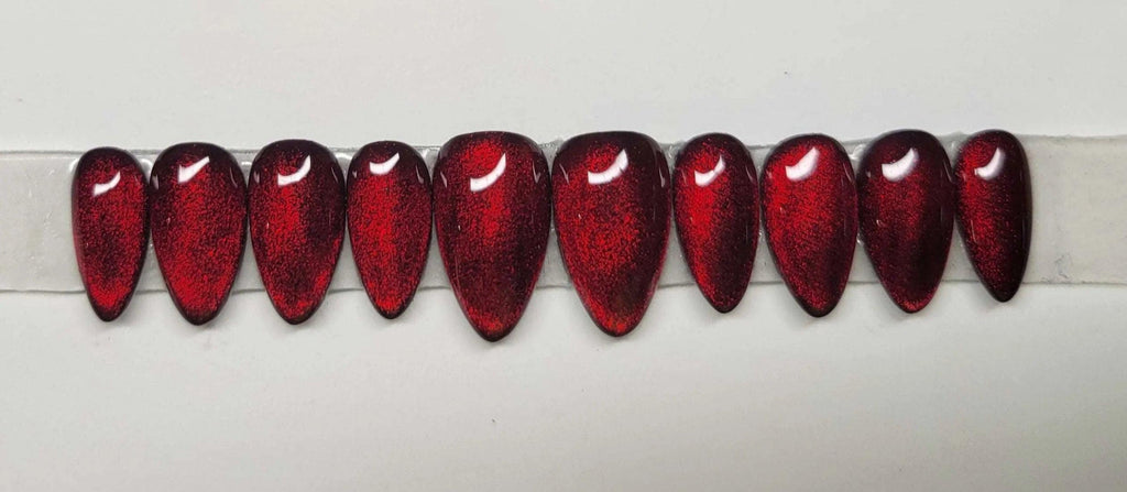 Garnet Magic Cat Eye Red Nails - Custom Handmade Gel Fake Nails S16