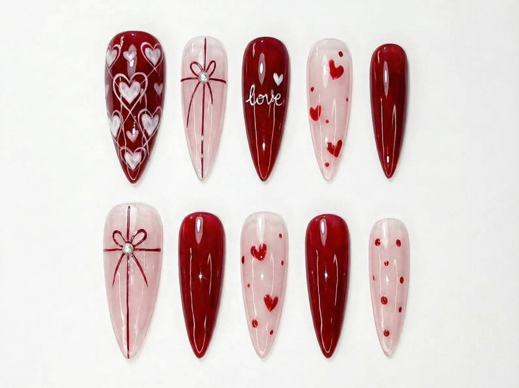 Valentine's Day Heart Press On Nails | Red & Pink Romantic Nail Set | Handmade Gift for Girlfriend | Elegant Stiletto Fake Nails | HC999GC