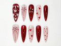Valentine's Day Heart Press On Nails | Red & Pink Romantic Nail Set | Handmade Gift for Girlfriend | Elegant Stiletto Fake Nails | HC999GC