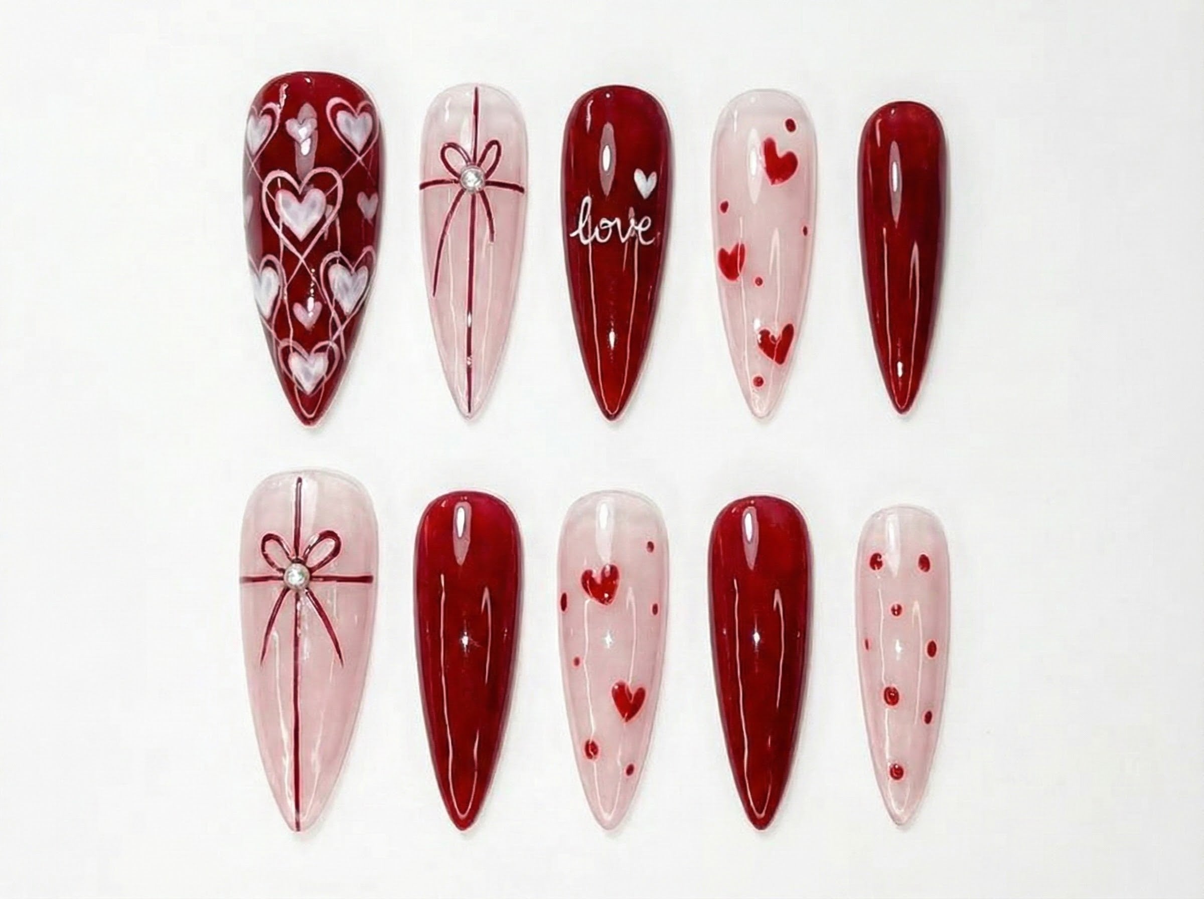 Valentine's Day Heart Press On Nails | Red & Pink Romantic Nail Set | Handmade Gift for Girlfriend | Elegant Stiletto Fake Nails | HC999GC