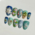 Lotus Koi Serenity Press On Nails | Zen Pond Nail Art | Koi Fish & Lotus Flower Nails | Nature Inspired Press Ons | OB264EC
