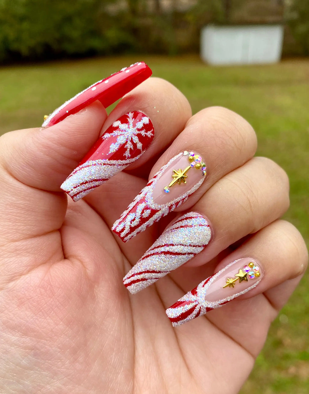 Glitter Diamond Snow in Red Christmas Press on Nails - Handmade Fingernails N81