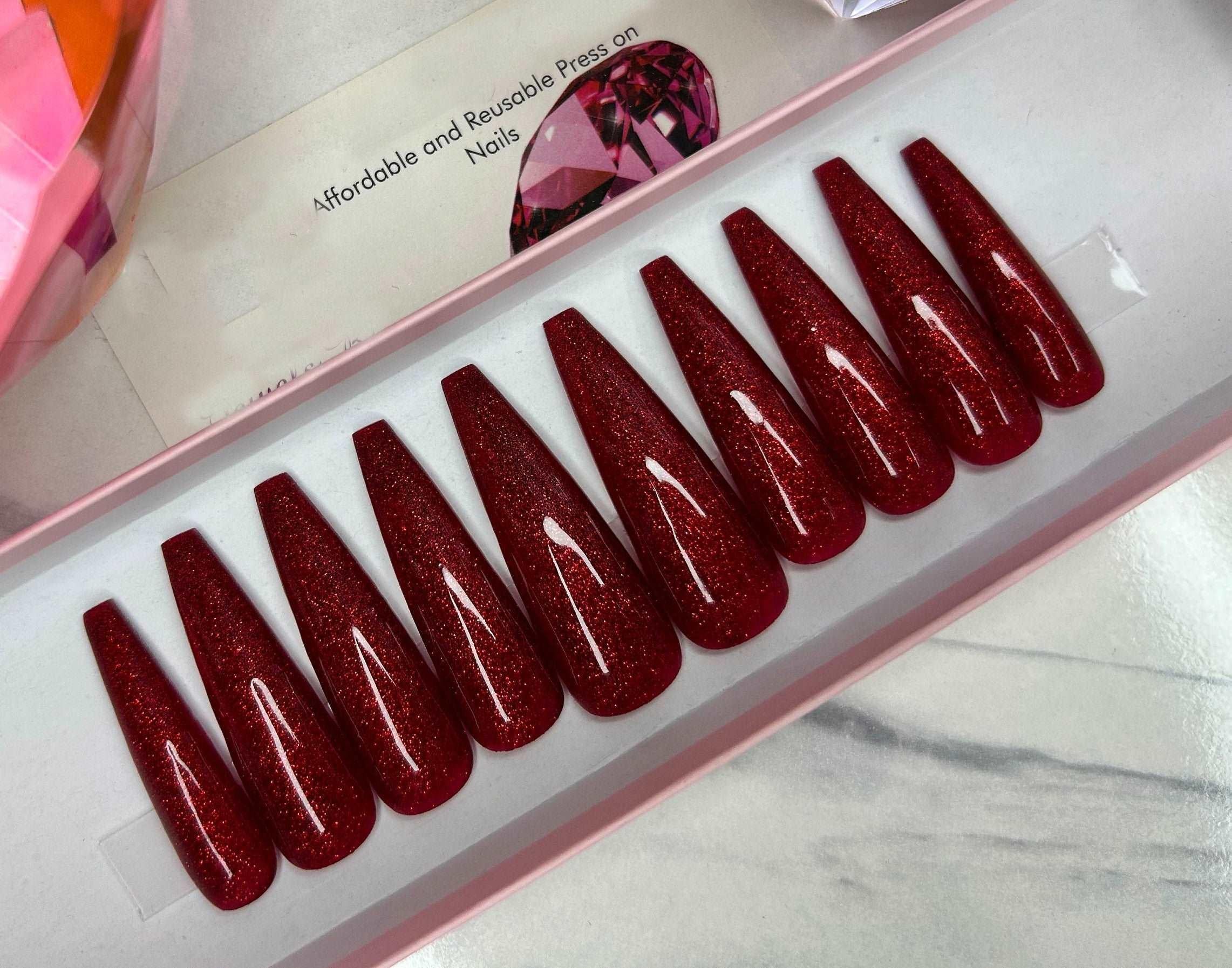 Glossy Glittery Bright Red Nails - Custom Handmade Gel Fake Nails T22