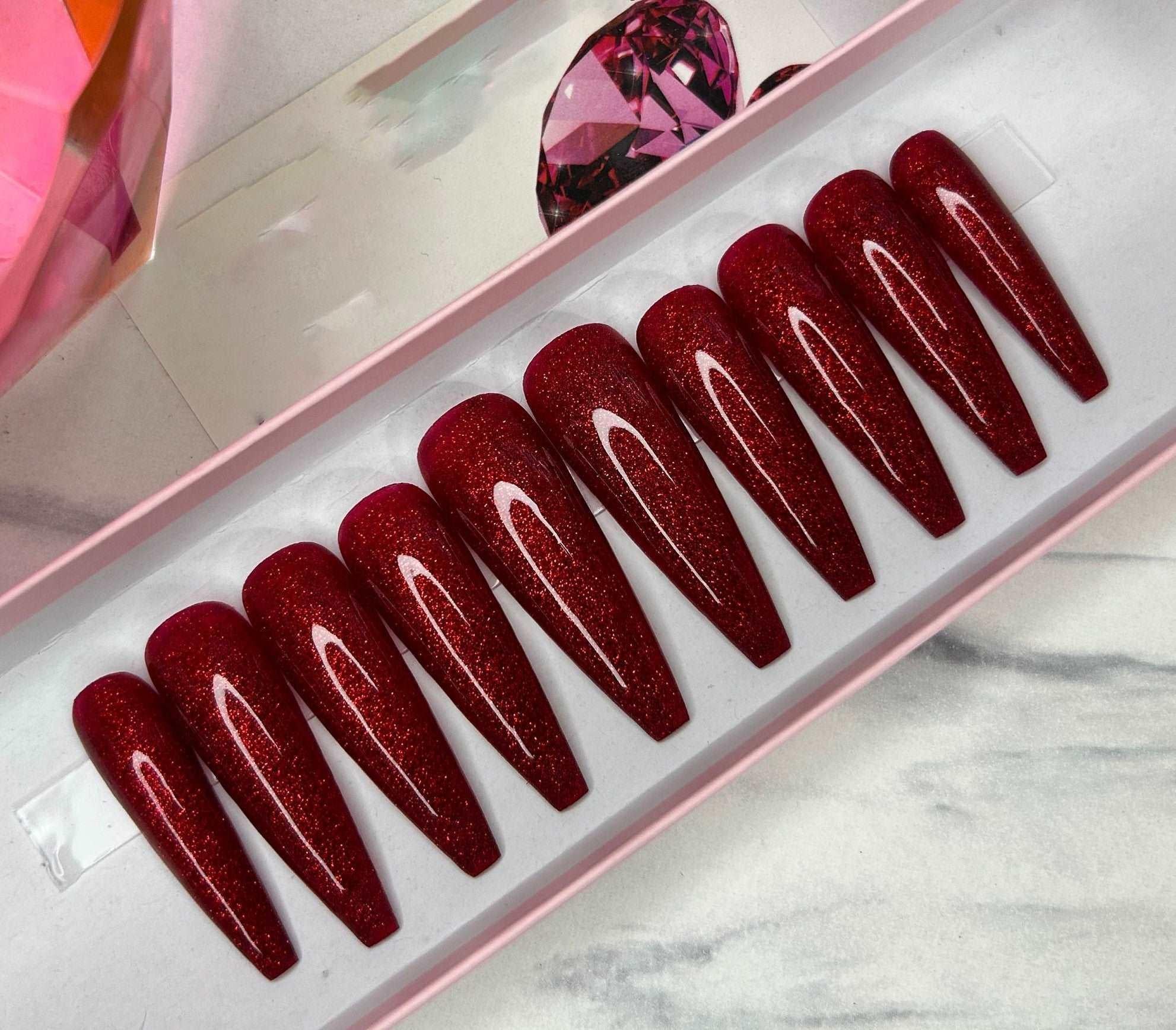 Glossy Glittery Bright Red Nails - Custom Handmade Gel Fake Nails T22