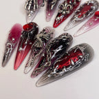 Gothic Cross Silver Charms Halloween Press on Nails - Red & Black Fingernails Q03