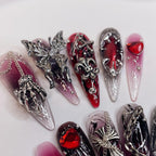 Gothic Cross Silver Charms Halloween Press on Nails - Red & Black Fingernails Q03