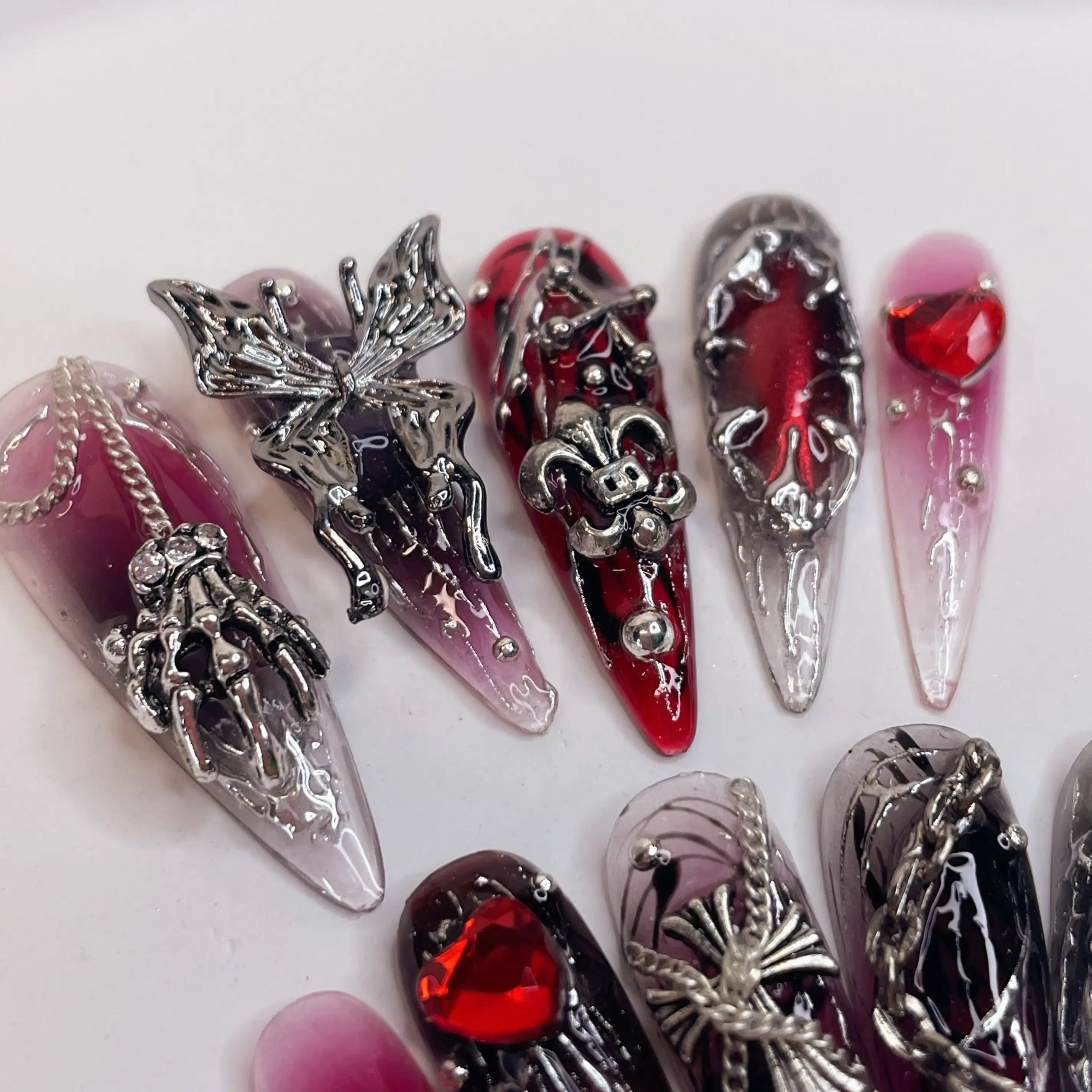 Gothic Cross Silver Charms Halloween Press on Nails - Red & Black Fingernails Q03