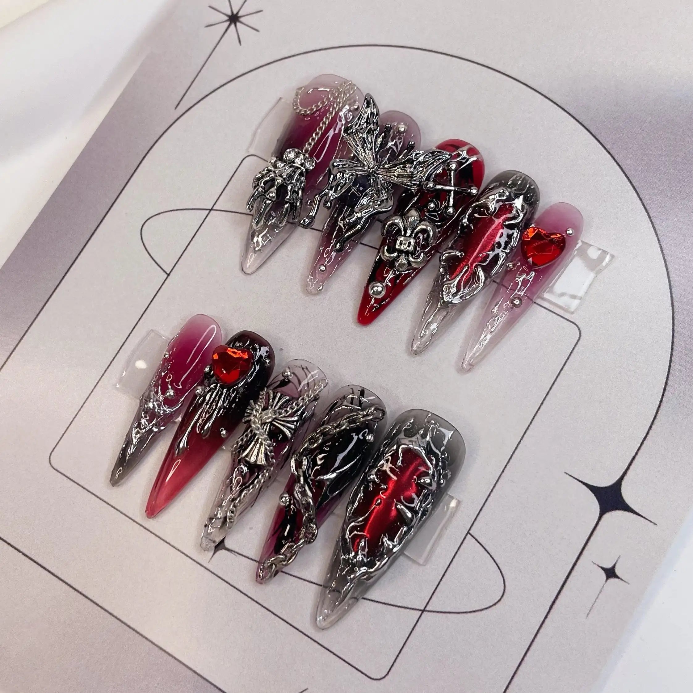 Gothic Cross Silver Charms Halloween Press on Nails - Red & Black Fingernails Q03