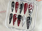 Luxury Black 3D Press On Nails | Red Press On Nails Unique Design | Nail Art | Y2k Nails | Acrylic Nails. Nails press on | Gift for her |OC23T
