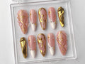 Luxury Gold Swirl Press On Nails | Elegant Gold-Infused Nail Art | Modern Pink Press On Nails with Gold Detailing On Fake Nails | OC290T