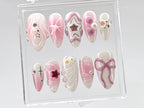 Glamorous Pink Press On Nails | Charming Pink Bow On Fake Nails | Nail Charms | Elegant Star Charms Y2k Nails | Pink press on nails |OB444T