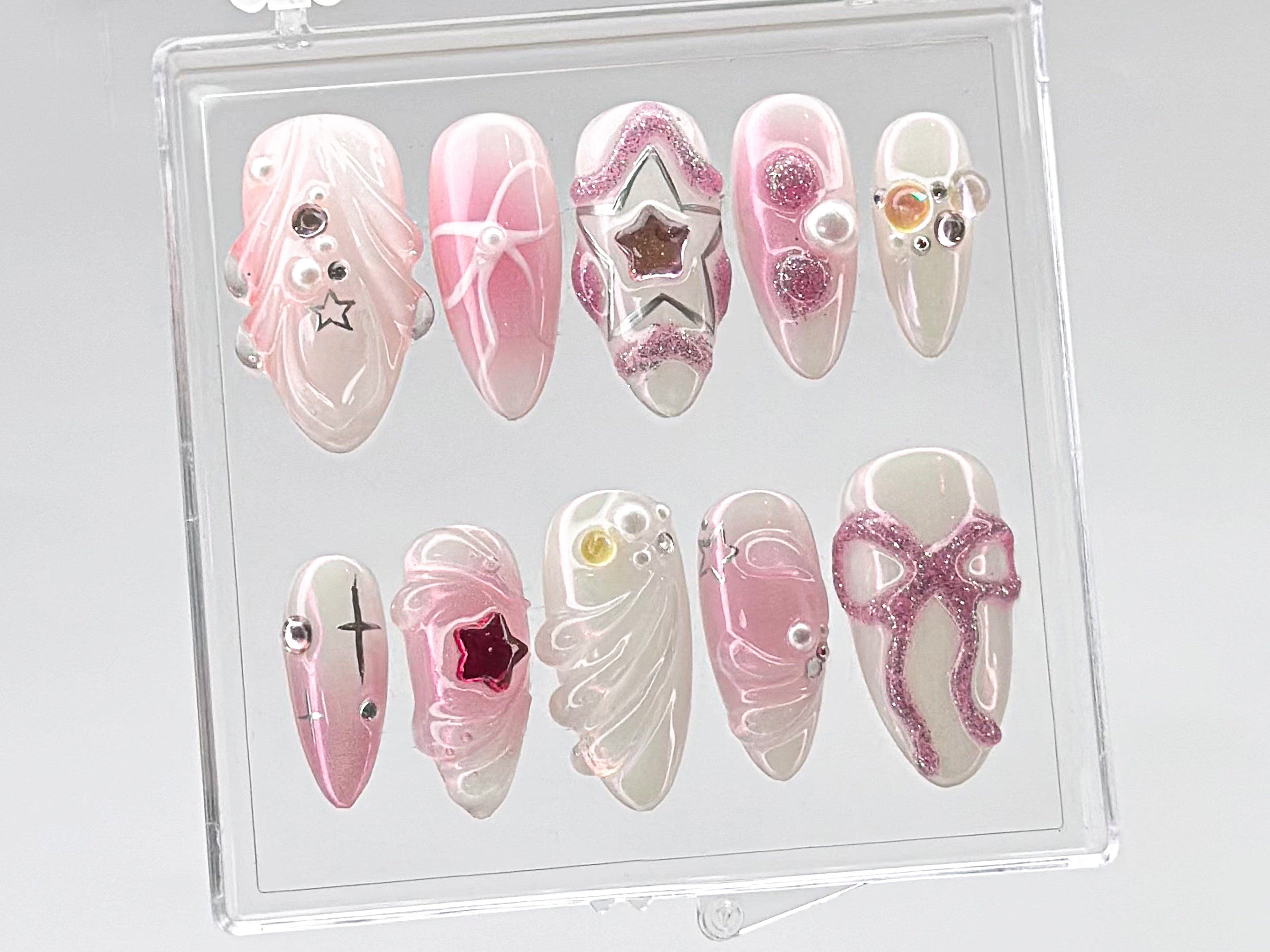 Glamorous Pink Press On Nails | Charming Pink Bow On Fake Nails | Nail Charms | Elegant Star Charms Y2k Nails | Pink press on nails |OB444T