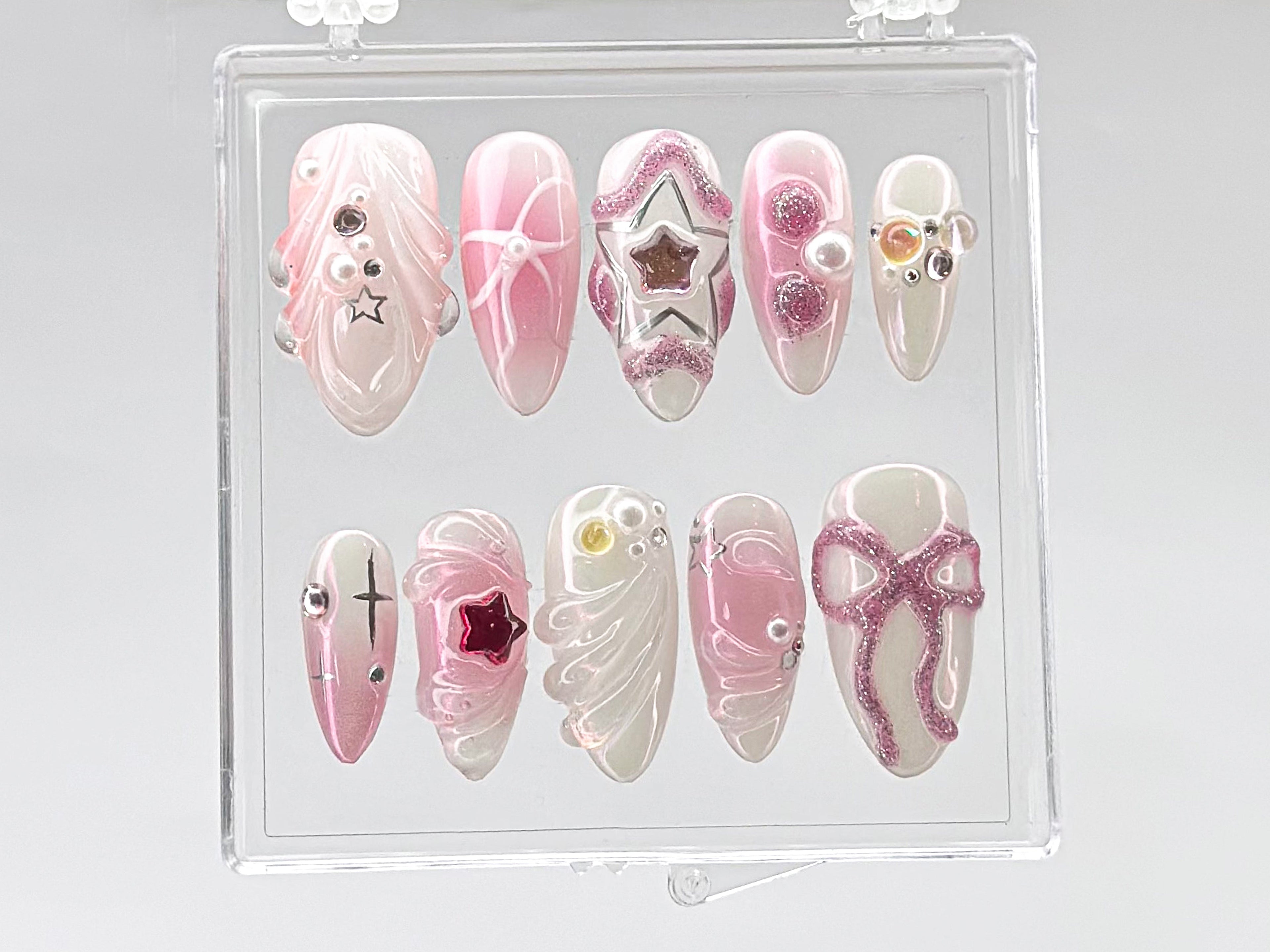Glamorous Pink Press On Nails | Charming Pink Bow On Fake Nails | Nail Charms | Elegant Star Charms Y2k Nails | Pink press on nails |OB444T