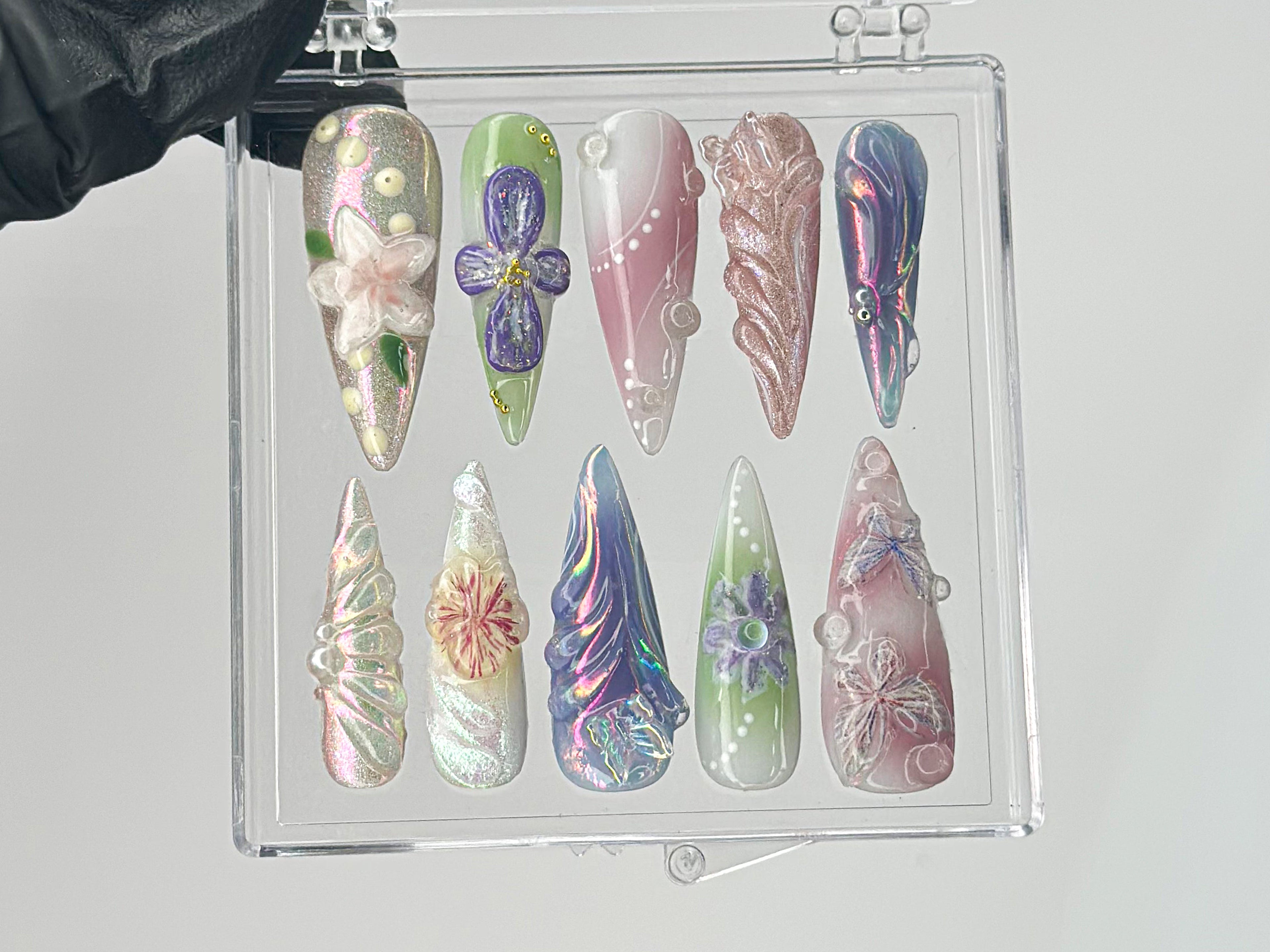 Artistic Florals Press On Nails | Long Stiletto Nail Art with 3D Flowers | Custom 3D Butterfly Nail Art | Nail Charms | Press Ons | OB455TH