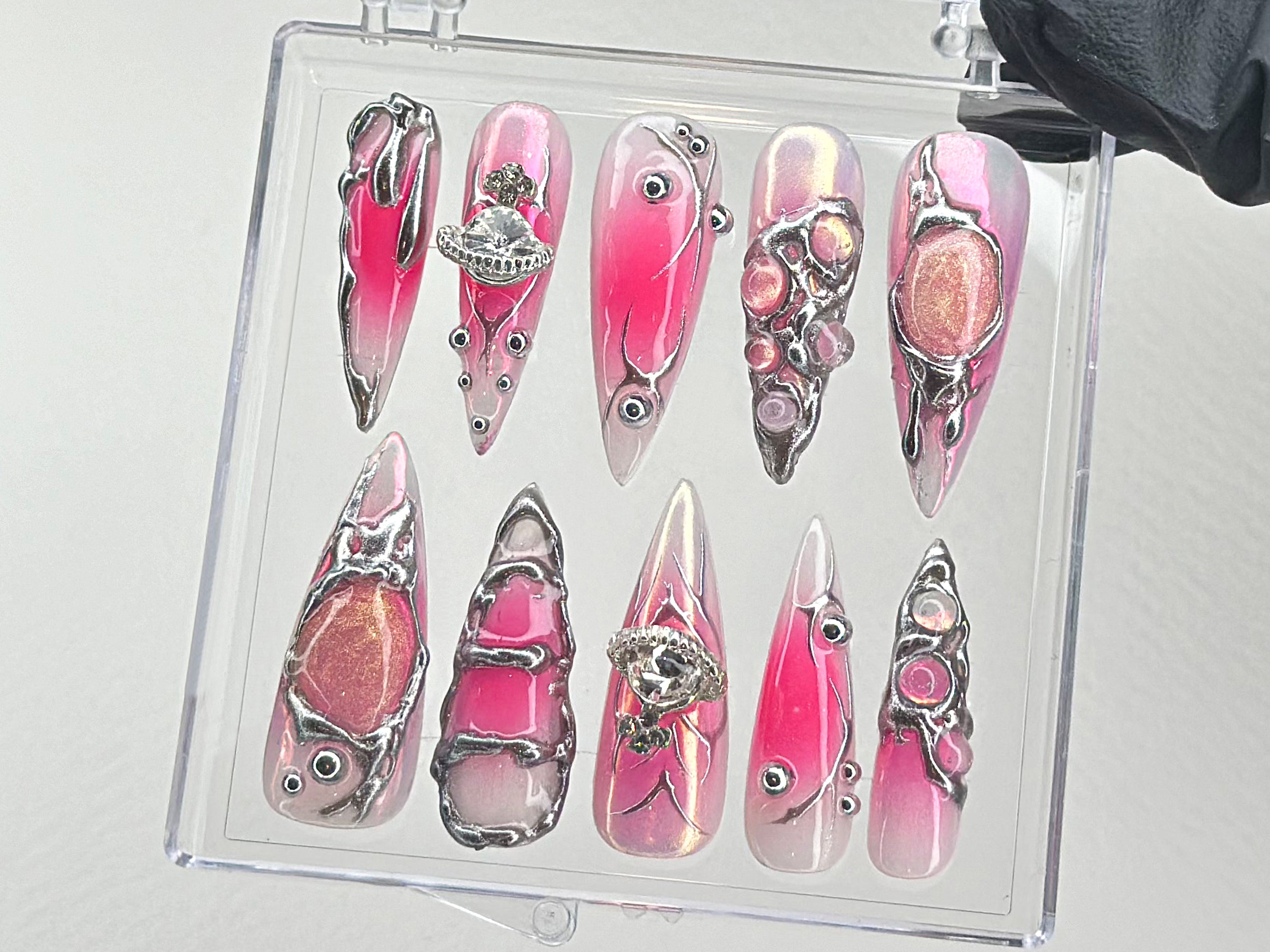 Y2k Pink Press On Nails | Custom Design Nail Art. Fake Nails for Birthday | Ombre Pink Nail Art | Nail Charms | Pink press ons | OB534TL