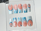 Summer Vibes Press On Nails | Blue French TipsNail Art | 3D Floral On Fake Nails | Custom Design Nail Art. Fake Nails | Press Ons | OB542T