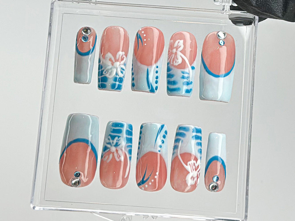 Summer Vibes Press On Nails | Blue French TipsNail Art | 3D Floral On Fake Nails | Custom Design Nail Art. Fake Nails | Press Ons | OB542T