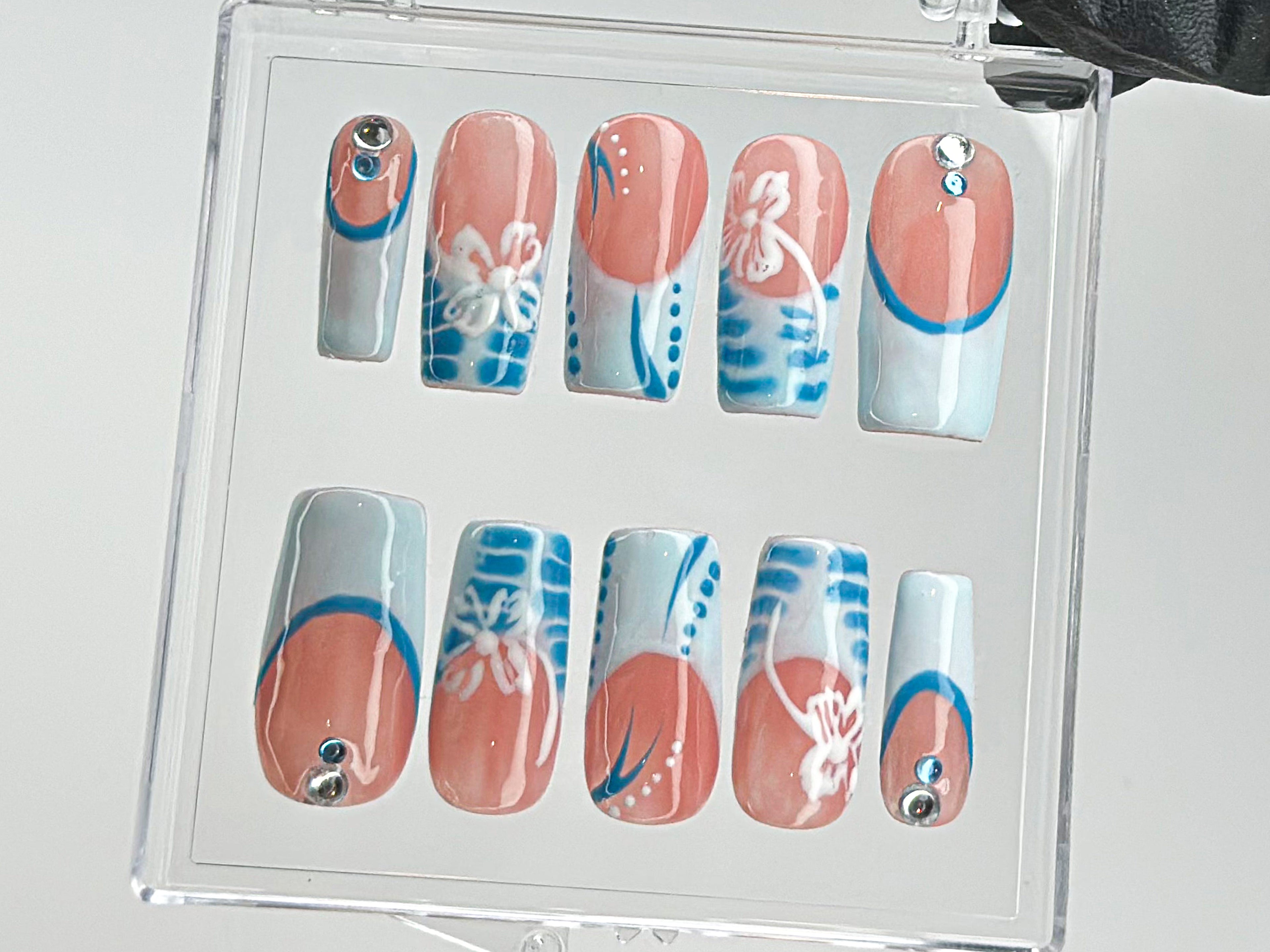 Summer Vibes Press On Nails | Blue French TipsNail Art | 3D Floral On Fake Nails | Custom Design Nail Art. Fake Nails | Press Ons | OB542T
