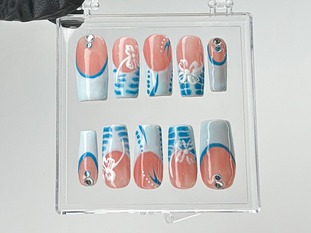 Summer Vibes Press On Nails | Blue French TipsNail Art | 3D Floral On Fake Nails | Custom Design Nail Art. Fake Nails | Press Ons | OB542T