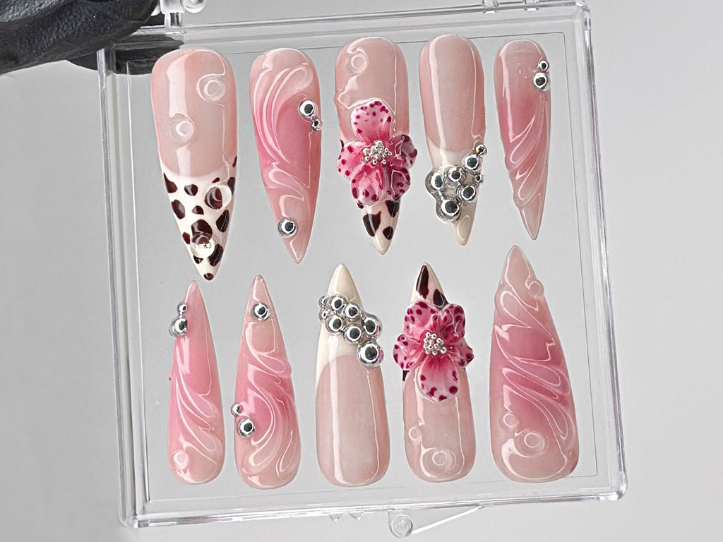 Leopard French tips Press On Nails | 3D Flowers with Rhinestones Acrylic Nails | Stunning Floral Nails Press On | Pink Press Ons | OB544TL