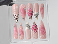 Leopard French tips Press On Nails | 3D Flowers with Rhinestones Acrylic Nails | Stunning Floral Nails Press On | Pink Press Ons | OB544TL
