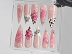 Leopard French tips Press On Nails | 3D Flowers with Rhinestones Acrylic Nails | Stunning Floral Nails Press On | Pink Press Ons | OB544TL