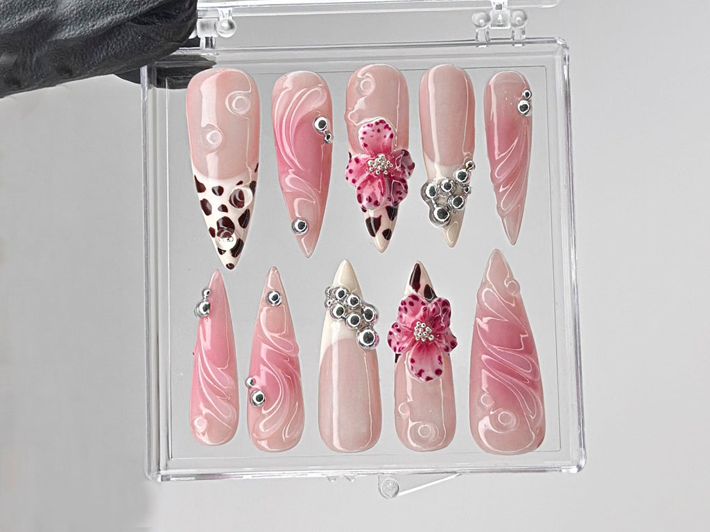 Leopard French tips Press On Nails | 3D Flowers with Rhinestones Acrylic Nails | Stunning Floral Nails Press On | Pink Press Ons | OB544TL