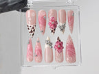 Leopard French tips Press On Nails | 3D Flowers with Rhinestones Acrylic Nails | Stunning Floral Nails Press On | Pink Press Ons | OB544TL