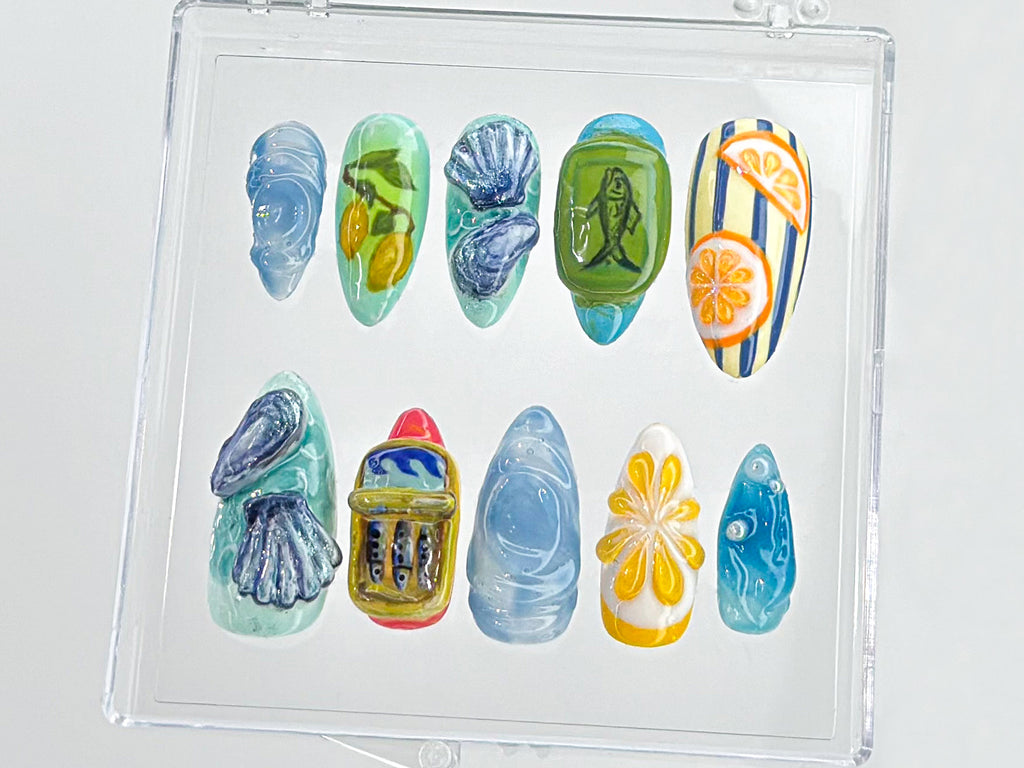 Tropical Beach 3D Press On Nails | Ocean-Inspired Nail Art | Summer Beach Press On Nails Set | 3D fruit on Fake Nails | Press Ons | OB546TH