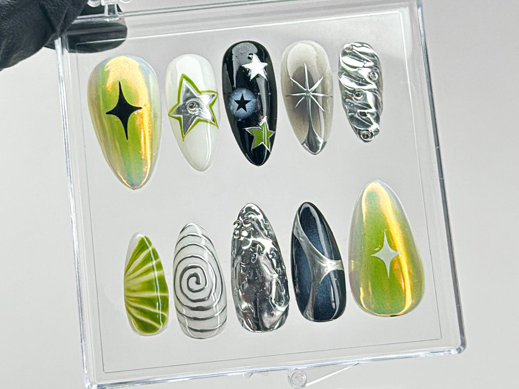 Galaxy Star Press On Nails | 3D Hand-Painted Green & Black Nail Art | Y2K Style Nails | Silver Chrome on Fake Nails | Gift for her | OC553T