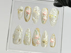 Elegant Lotus Flower Press On Nails | Chic White & Gold On Fake Nails | 3D Floral Acrylic Nails | Butterfly charm nails press on | OC559TL