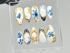 Sophisticated Blue Floral Press On Nails | Chic White & Gold On Fake Nails | Edgy Chrome Nails. Holiday Nails | nails press on | OC560TV