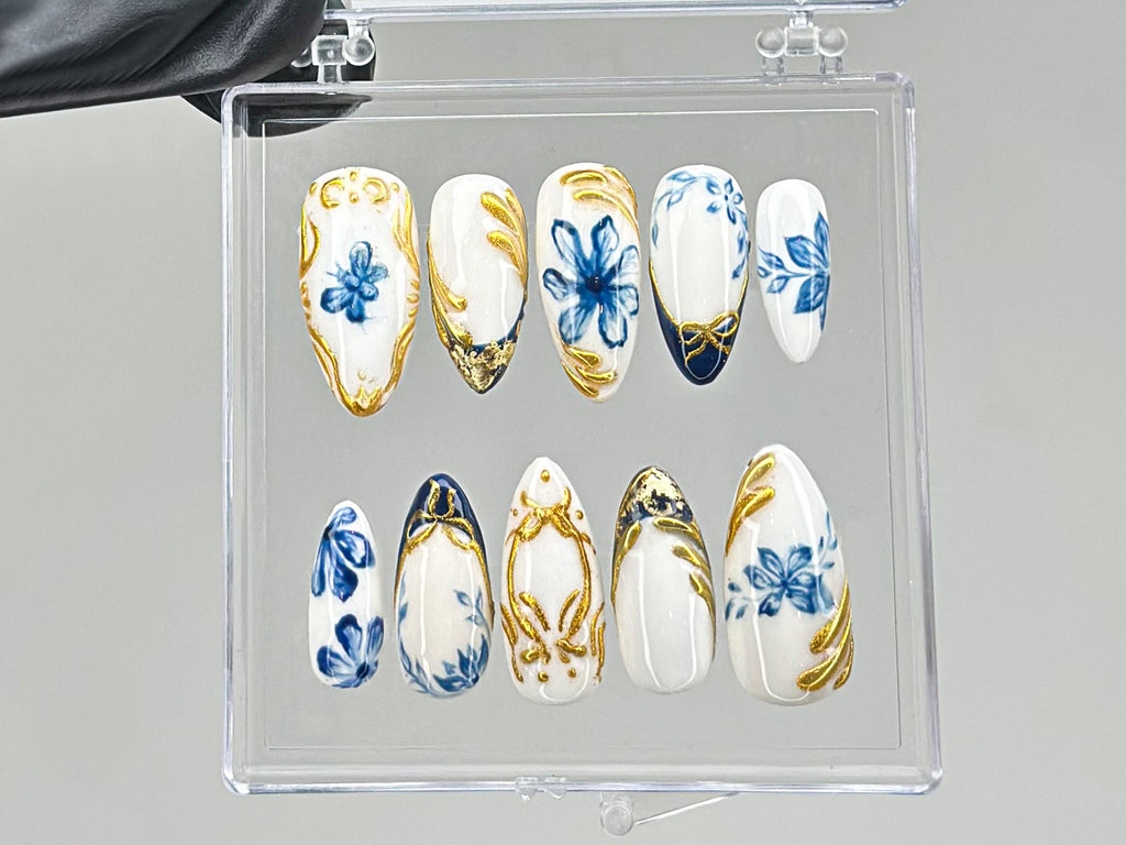 Sophisticated Blue Floral Press On Nails | Chic White & Gold On Fake Nails | Edgy Chrome Nails. Holiday Nails | nails press on | OC560TV