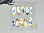 Sophisticated Blue Floral Press On Nails | Chic White & Gold On Fake Nails | Edgy Chrome Nails. Holiday Nails | nails press on | OC560TV
