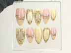 Classy Pink and Gold Press On Nails | Luxury Gold and Pink Fake Nails | Hand-Painted 3D Floral Designs Acrylic Nails | Nail Art | OC565Y