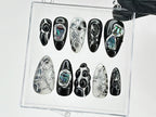 Black and Silver Abstract Press On Nails | Handmade Gel Nail Art |Reusable Trendy Nails | Custom False Nails Set | Press Ons | OB590T