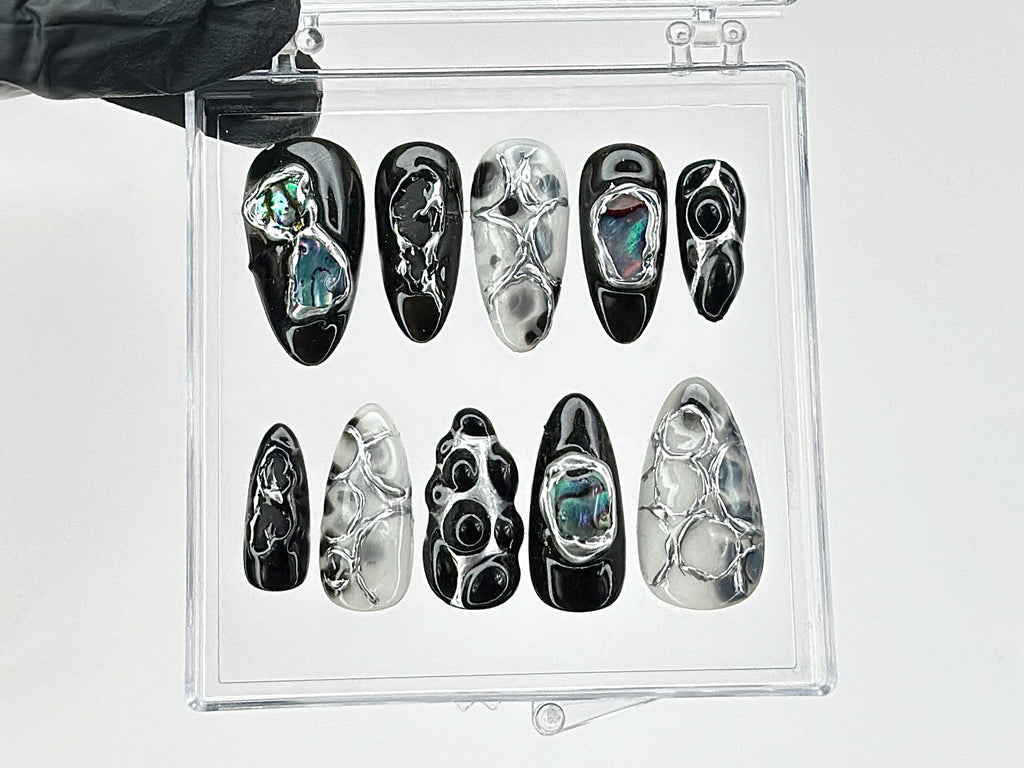 Black and Silver Abstract Press On Nails | Handmade Gel Nail Art |Reusable Trendy Nails | Custom False Nails Set | Press Ons | OB590T
