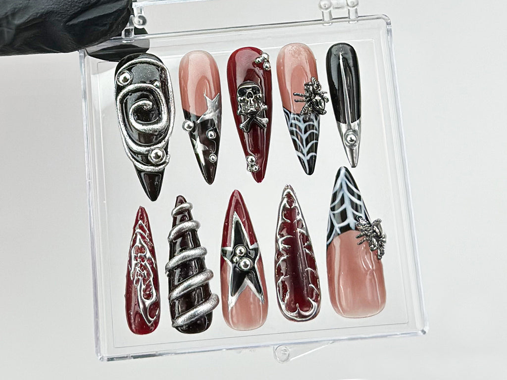 Gothic Halloween Press On Nails | Halloween Nails | Trending Chrome Nail Art | Gothic Nails | 3D Gothic Skull Charm On Fake Nails | OB598T