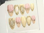 Classy Pink and Gold Press On Nails | Luxury Gold and Pink Fake Nails | Hand-Painted 3D Floral Designs Acrylic Nails | Nail Art | OC565Y