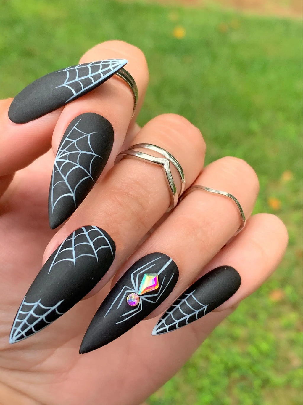 Halloween Sparkle Spider Web Press on Nails - Spooky Black Fingernails Q72