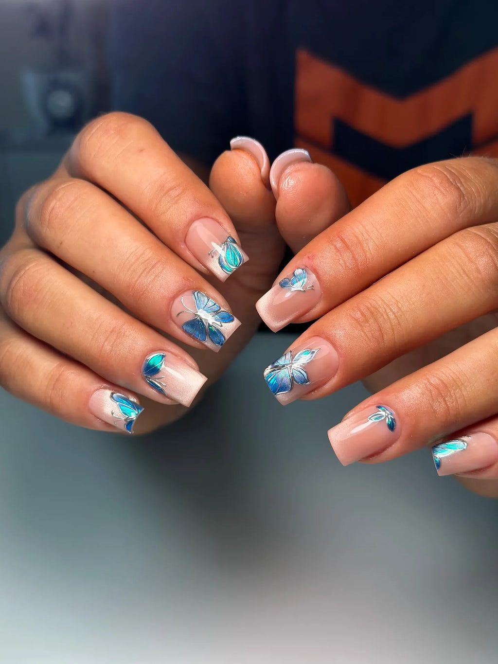 Hand-painted Blue Butterfly Chrome Detail Nude Base Press-on Nails H74