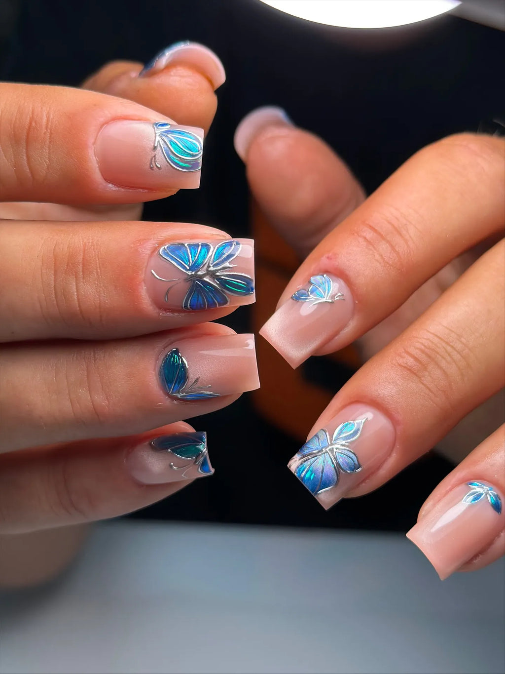 Hand-painted Blue Butterfly Chrome Detail Nude Base Press-on Nails H74