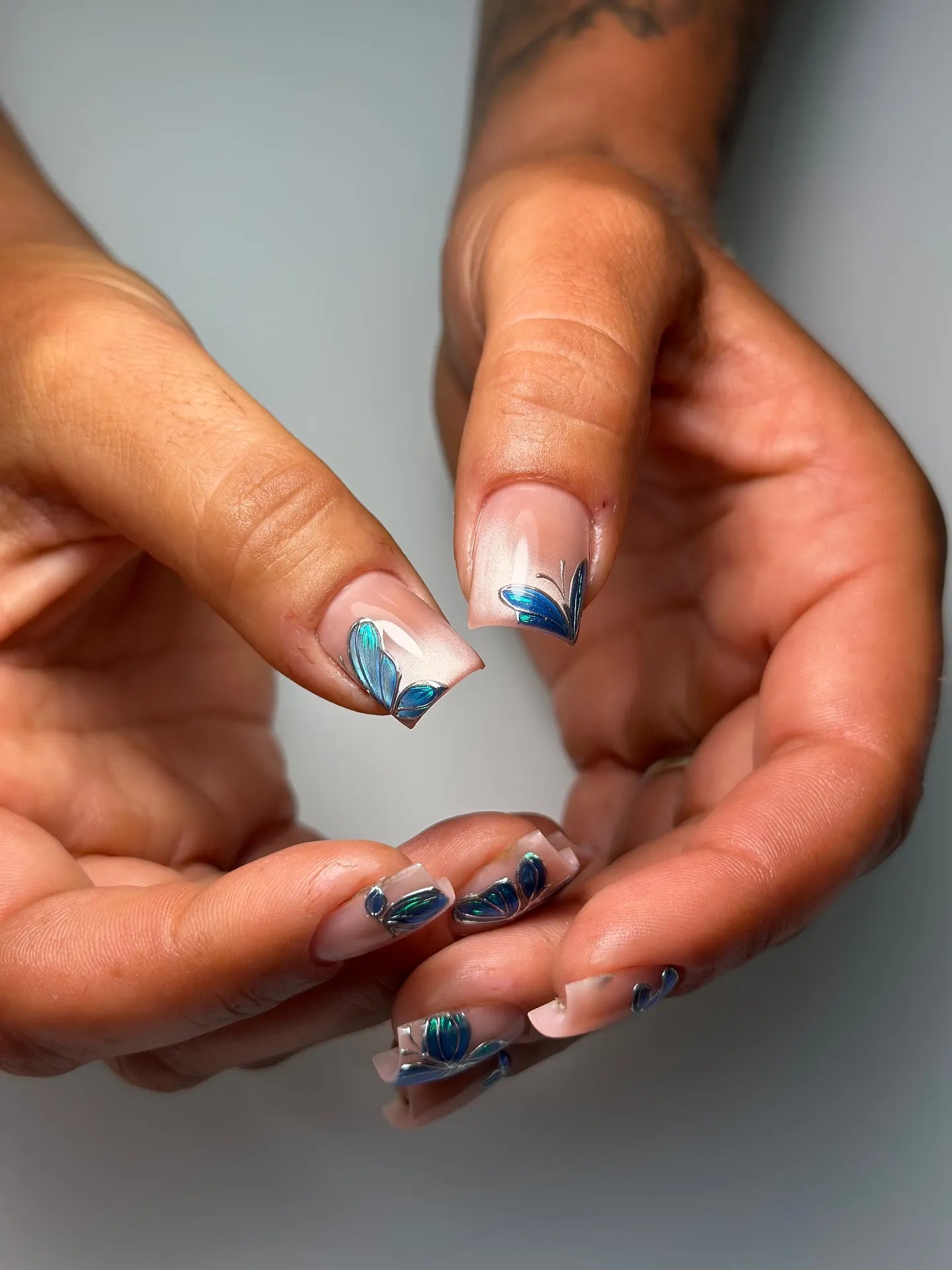 Hand-painted Blue Butterfly Chrome Detail Nude Base Press-on Nails H74